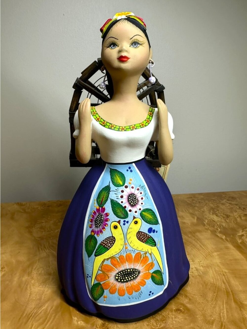 NAJACO Lupita Bird Cage Figurine 12" Hand Painted Mexican Folk Art Tonala Mexico